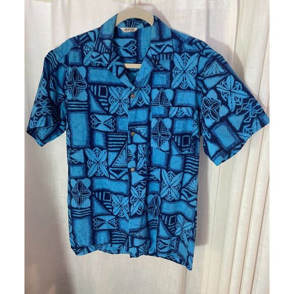 Vintage Tropicana Hawaiian Men's Shirt Size M Blue Tribal Print Aloha EUC - Picture 1 of 4